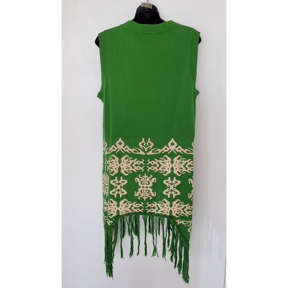 Boho Patterned Knit Fringe Sweater Vest Long Open-Front Maude Sz L Layer Hippie - Picture 3 of 9